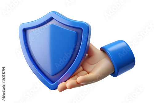 Stylized hand holding a blue shield symbol isolated on transparent background