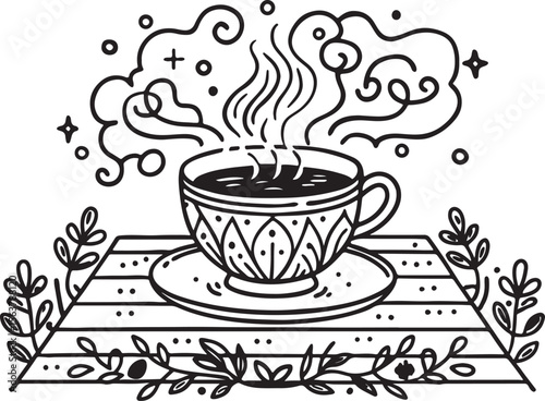 Vector illustration of steaming coffee cup on wooden table
