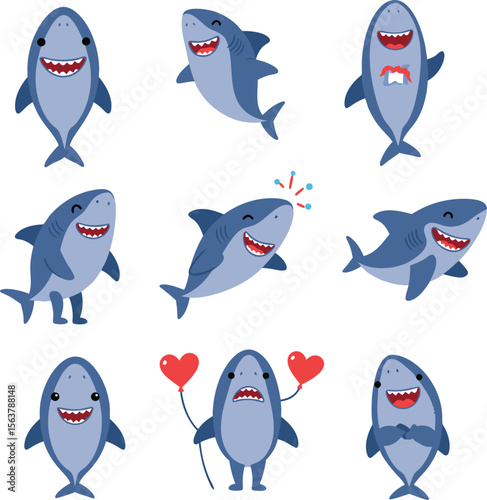 Set of Funny Cute Shark Characters Smiling Marine Fish with Various Poses Valentine Animal Mascot Vector Collection Isolated