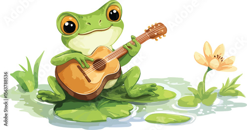 Cute green amphibian frog illustration sitting happily on a leaf, a funny cartoon nature wildlife vector