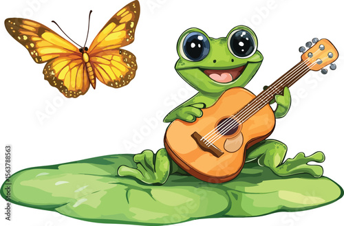 A cute green cartoon frog plays a fun guitar adorned with a flower