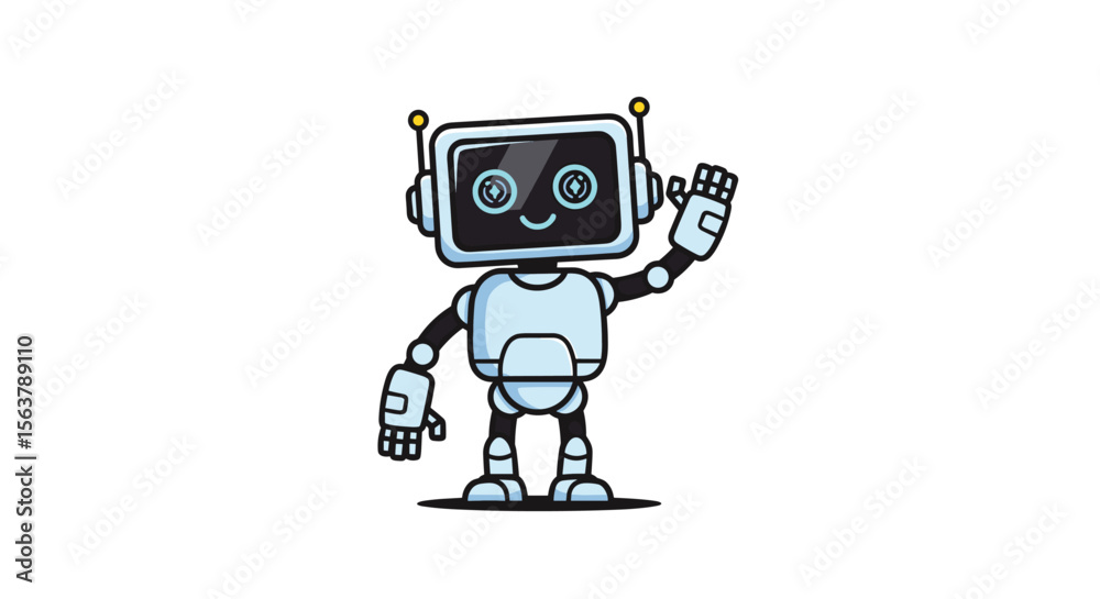 Friendly Cartoon Robot Character Waving Hello with a Big Smile and Big Eyes in a White Background Digital Illustration Friendly Cartoon Robot Character Waving Hello with a Big Smile and Big Eyes in a White Background Digital Illustration