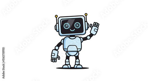 Friendly Cartoon Robot Character Waving Hello with a Big Smile and Big Eyes in a White Background Digital Illustration