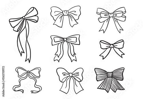 Hand drawn retro bows collection. Whimsical illustration. Cute ribbon bow collection vector