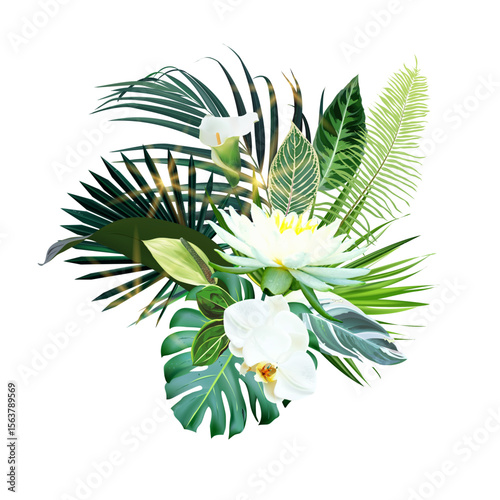 White lotus tropical vector design bouquet. White orchid, anthurium, calla lily, palm and monstera green leaves. Tropical wedding floral. Island exotic greenery. All elements are isolated and editable