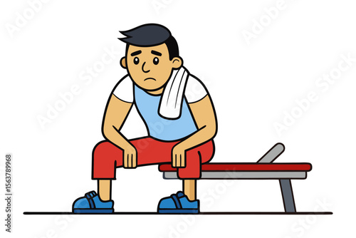A dejected young man with a towel around his neck sits on a gym bench looking tired and unmotivated after a workout session