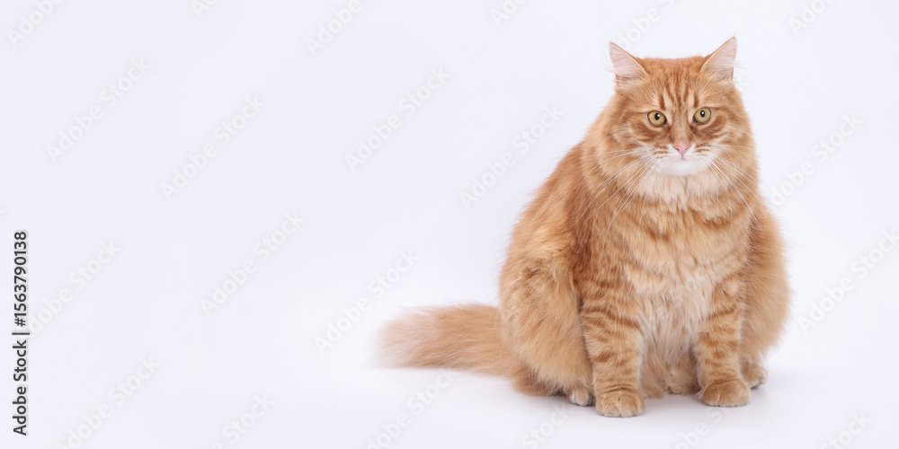 Obraz premium Fluffy ginger cat sitting on white background, looking directly at the camera. Adorable domestic pet portrait, isolated and clean for design or advertising use.
