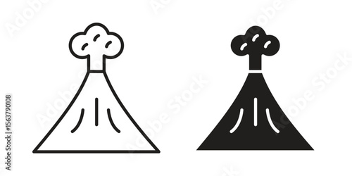 Volcano icon. Flat and stroke versions. Graphic elements.