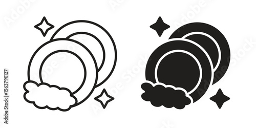 Washing dishes icon. Flat and stroke versions. Graphic elements.