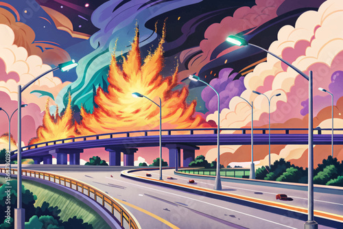 highway burns fiercely with collapsed streetlights, thick smoke trails rising into the sky, capturing the chaos and destruction of an urban inferno