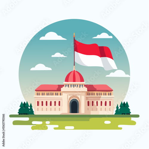 Illustration of a government building with a flag, set against a blue sky and clouds, representing a nation's pride and official institutions
