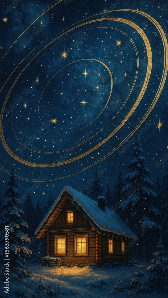 Fototapeta premium Cozy cabin under starry sky.