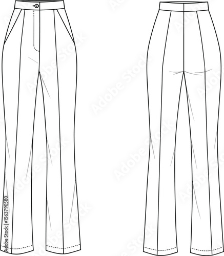 Pleated wide-leg trousers technical sketch front and back views, button waistband, zipper fly, tailored darts, fashion garment layout, design illustration template