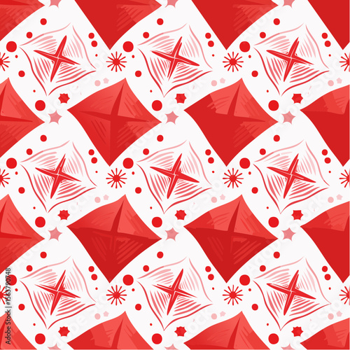 A repeating geometric seamless pattern illustration featuring stylized red diamond shapes, starbursts, and circular elements on a white background.