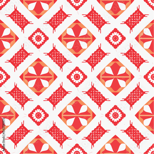 A vibrant and intricate geometric pattern design featuring repeating shapes in red, orange, and white, creating a visually appealing and symmetrical artistic composition.