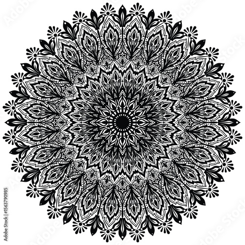 Decorative pattern in oriental style. Black complex doodle mandala on a transparent background, for printable coloring book.   