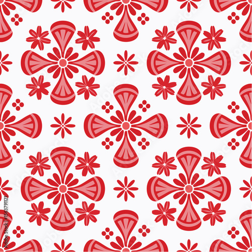 A vibrant seamless pattern featuring a repeating design of stylized red floral elements and geometric shapes on a clean white background, creating a visually appealing artistic texture.