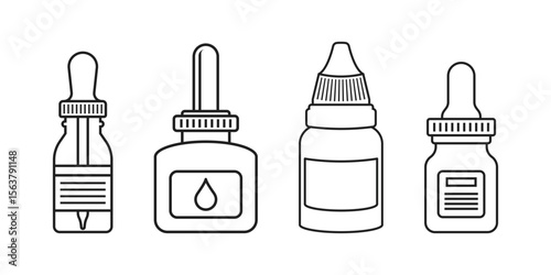 Pipette with oil drop icon set collection in line stroke flat style. Dropper bottle vector illustration on isolated background. Medical tube sign business concept.