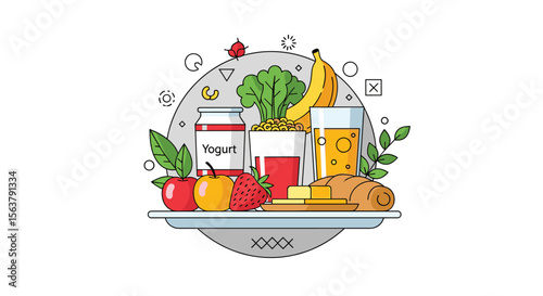 A Healthy Plate Demonstrating Balanced Nutrition with Fruits Vegetables Grains and Dairy