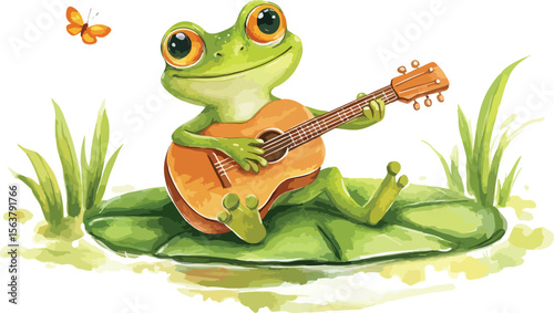 Cute green tree frog cartoon character on a leaf, a funny amphibian illustration for kids