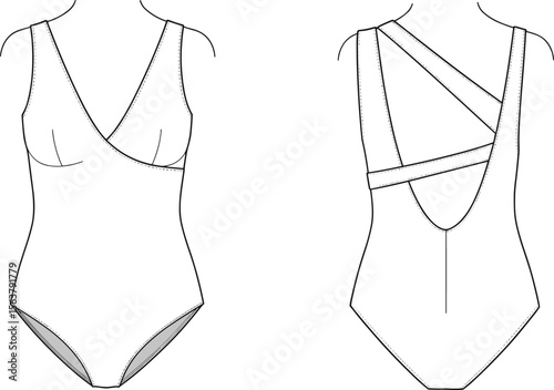 One-piece swimsuit technical sketch front and back views, crisscross strap back, wrap-style V-neckline, supportive seams, fashion garment template illustration