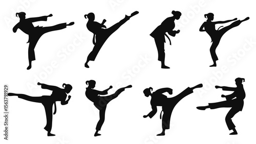 Silhouette Collection of Martial Arts Karate Poses in Dynamic Action, Isolated on Clean White Background for Sports and Self-Defense Design
