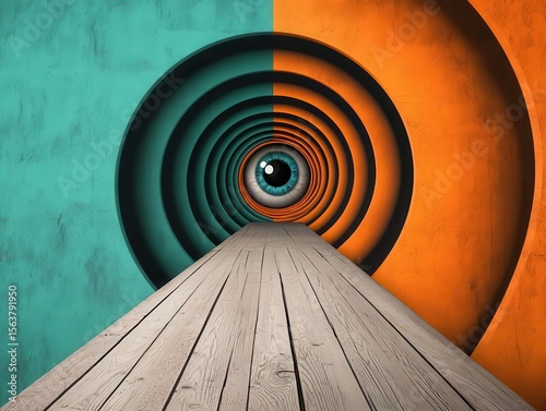 A surreal tunnel made of spiraling eyes, leading to the depths of the subconscious