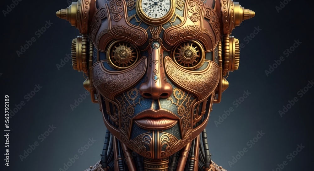Obraz premium Intricate Steampunk Mechanical Face with Clockwork Details and Brass Accents