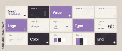 Brand guidelines template, Landscape brand identity presentation, Purple and cream, modern and clean design, Logotype guidelines template for beauty, fashion, personal brand