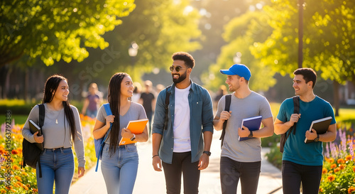 Four students walking together on a sunny park path, talking and laughing.