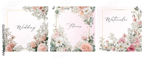 Set of postcards with pink watercolor flowers. Watercolor pink rose flowers and white gypsophila flowers with gold frames and text messages. Elements for wedding designs.
