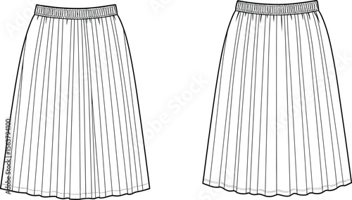 Two pleated skirt technical sketches front and back, elastic waistband design, knee-length silhouette with subtle pleat variation, fashion template, garment illustration layout