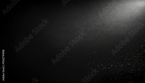 black matte textured background with floating dust particles illuminated by soft light in the top right corner creating a deep contrast between black and white this abstract design emphasizes textur