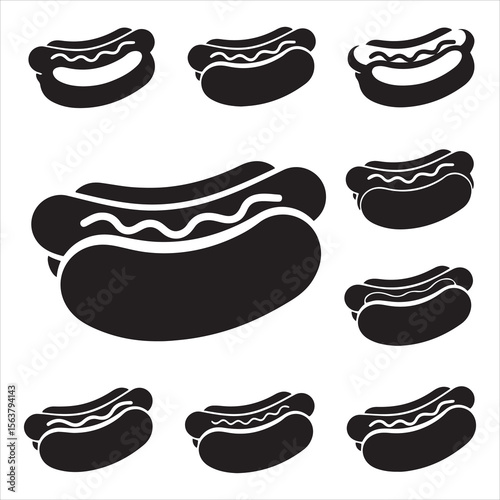 Collection of stylized black hot dog icons with wavy condiment details