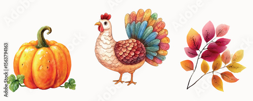 Watercolor elements for Thanksgiving Day. Turkey, pumpkin and autumn leaves. Cute watercolor cliparts for Thanksgiving and autumn designs. Vector illustration.