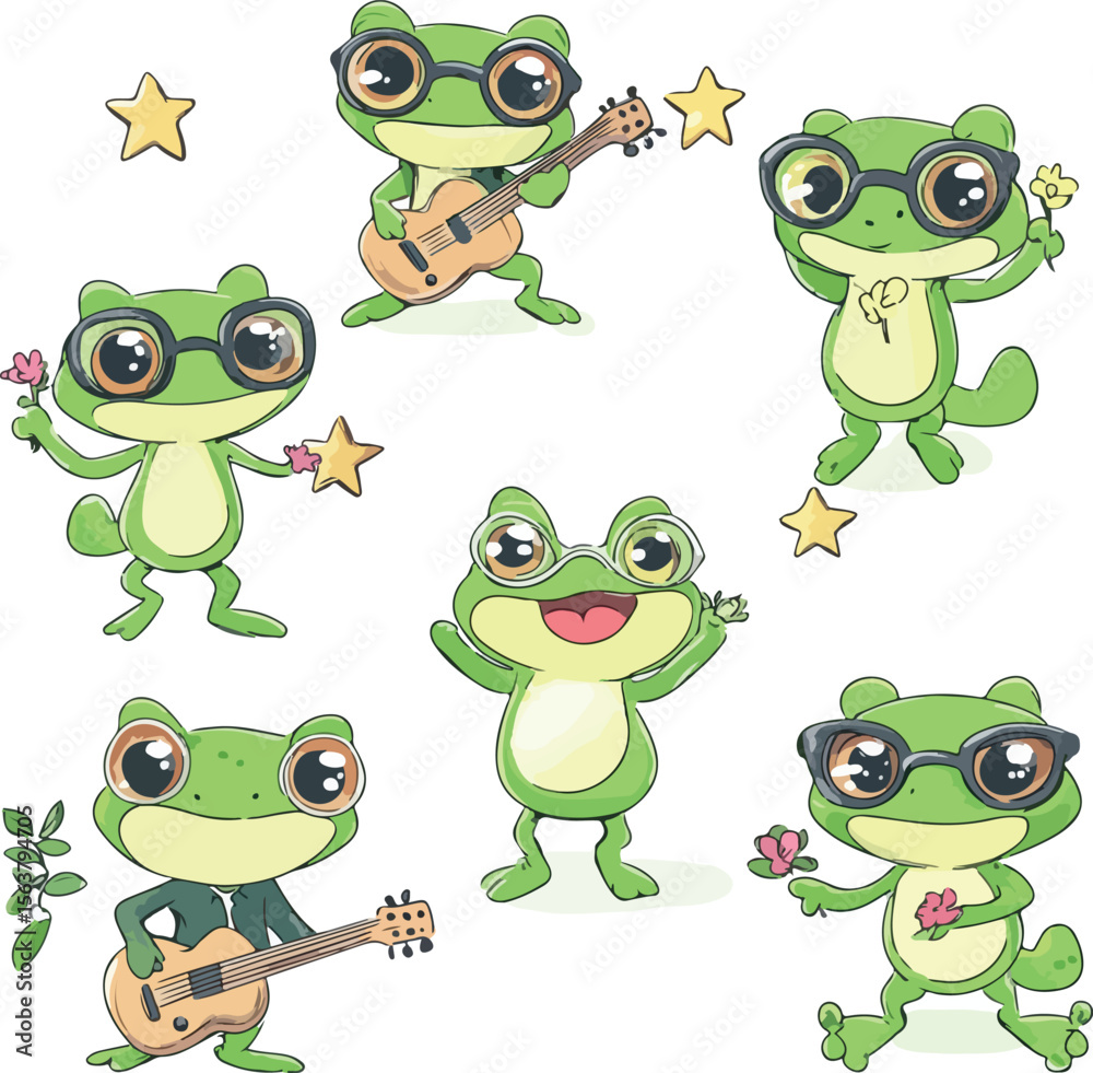 Fototapeta premium A fun vector set of cute green cartoon frog characters, ideal for animal illustrations