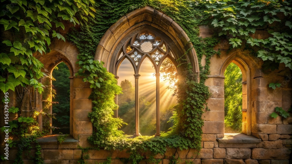Fototapeta premium Sunlit Gothic Archway: Ivy-Covered Stone Ruin, Serene Summer Landscape