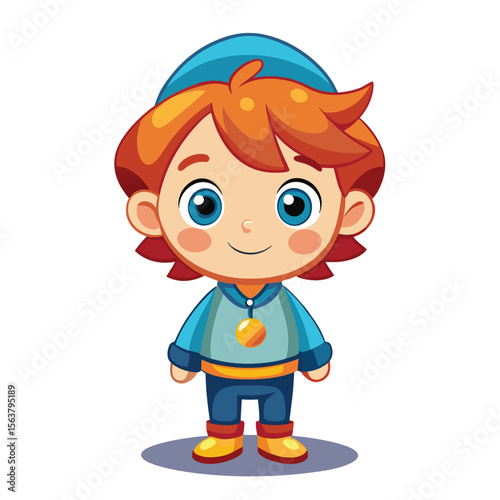 Cute cartoon boy wearing a blue cap, a blue top and yellow boots.  He has bright blue eyes and red hair. He's wearing a golden medal