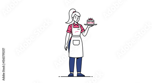 Friendly Baker Woman with Ponytail Holding a Deliciously Decorated Cake on a Silver Tray