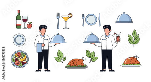 Illustrations of Professional Waiters Serving Delicious Food and Drinks with Elegant Dining Settings