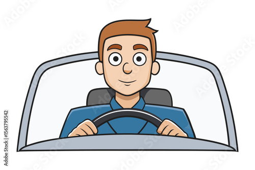 Smiling cartoon man with brown hair wearing a blue shirt driving a car with his hands on the steering wheel