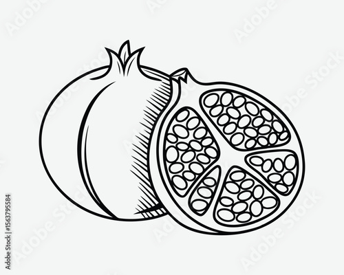 A black and white outline drawing of a whole and halved pomegranate isolated on a white background.