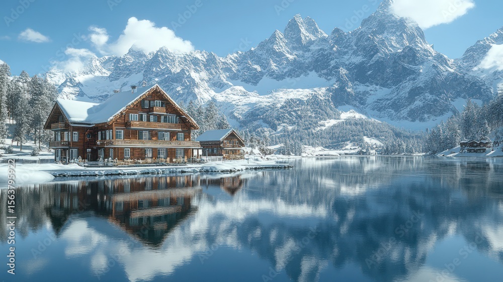 Fototapeta premium Snowy chalet by a mountain lake