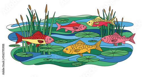 A Peaceful Pond Scene Featuring Colorful Fish Swimming Amongst Lily Pads and Reeds on a Sunny Day