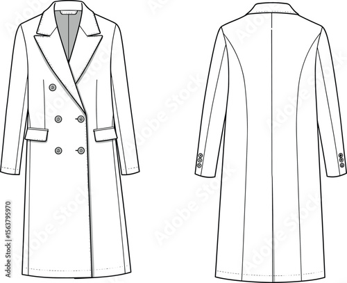 Double-breasted coat technical sketch front and back view, notched lapel collar, flap pockets, center seam, garment design layout, fashion illustration