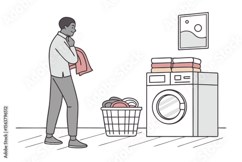 Man holding laundry near washing machine with folded clothes and basket illustrating domestic chores and household tasks