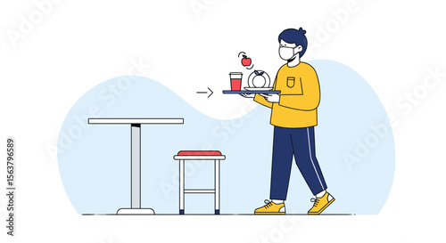 A Waiter Carrying Food and Drinks on a Tray Approaching a Table and Stool in a Cafe Setting