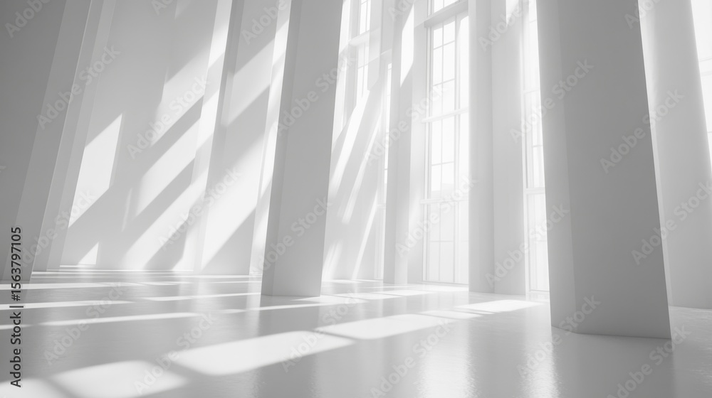 Fototapeta premium A sunlit, modern interior space with tall pillars.