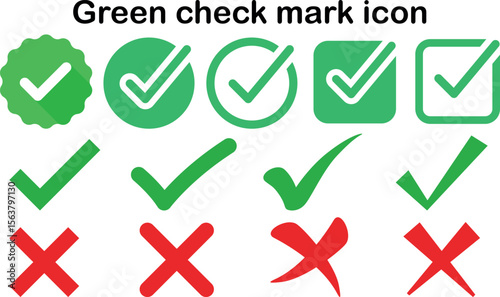 Green tick icons set including approval signs, verified checkmarks, and confirmation symbols in flat style