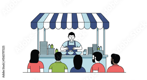 A street vendor prepares food at a busy outdoor market stall for a diverse crowd of eager customers waiting in line